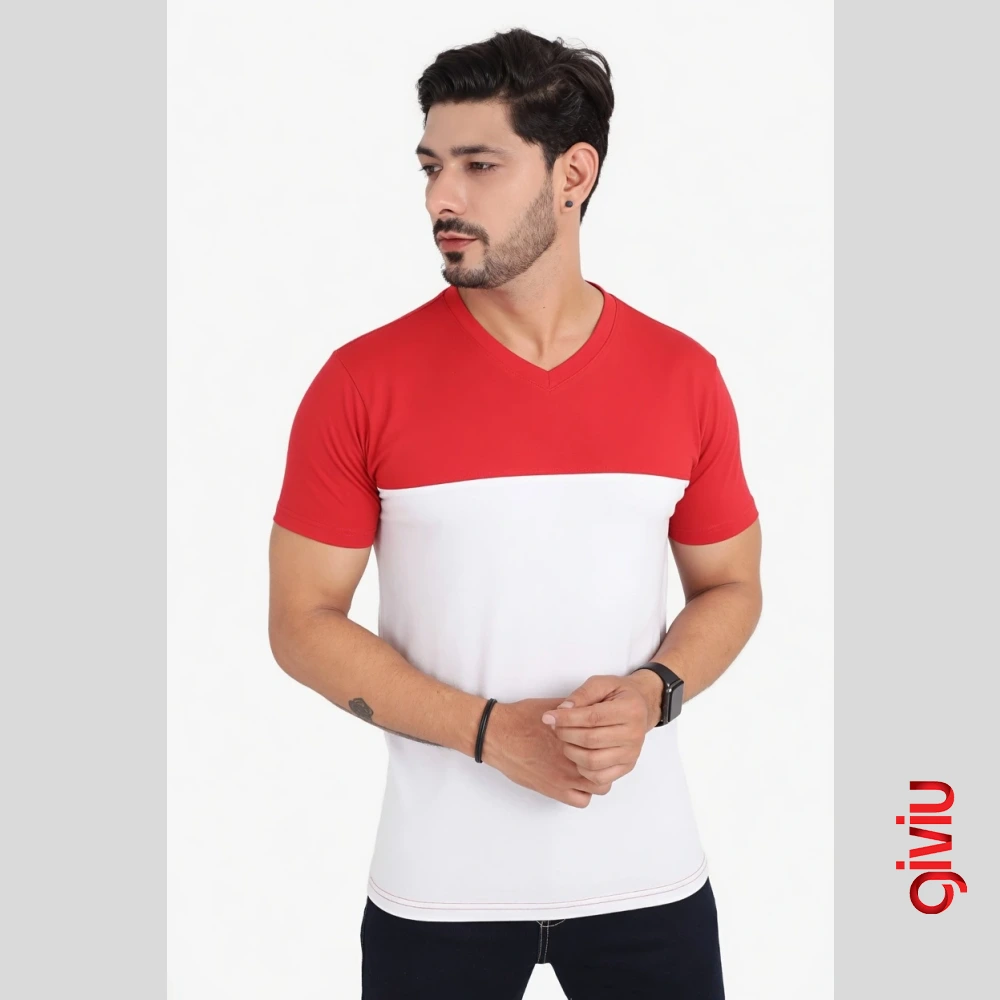 İki Renk V Yaka Tişört