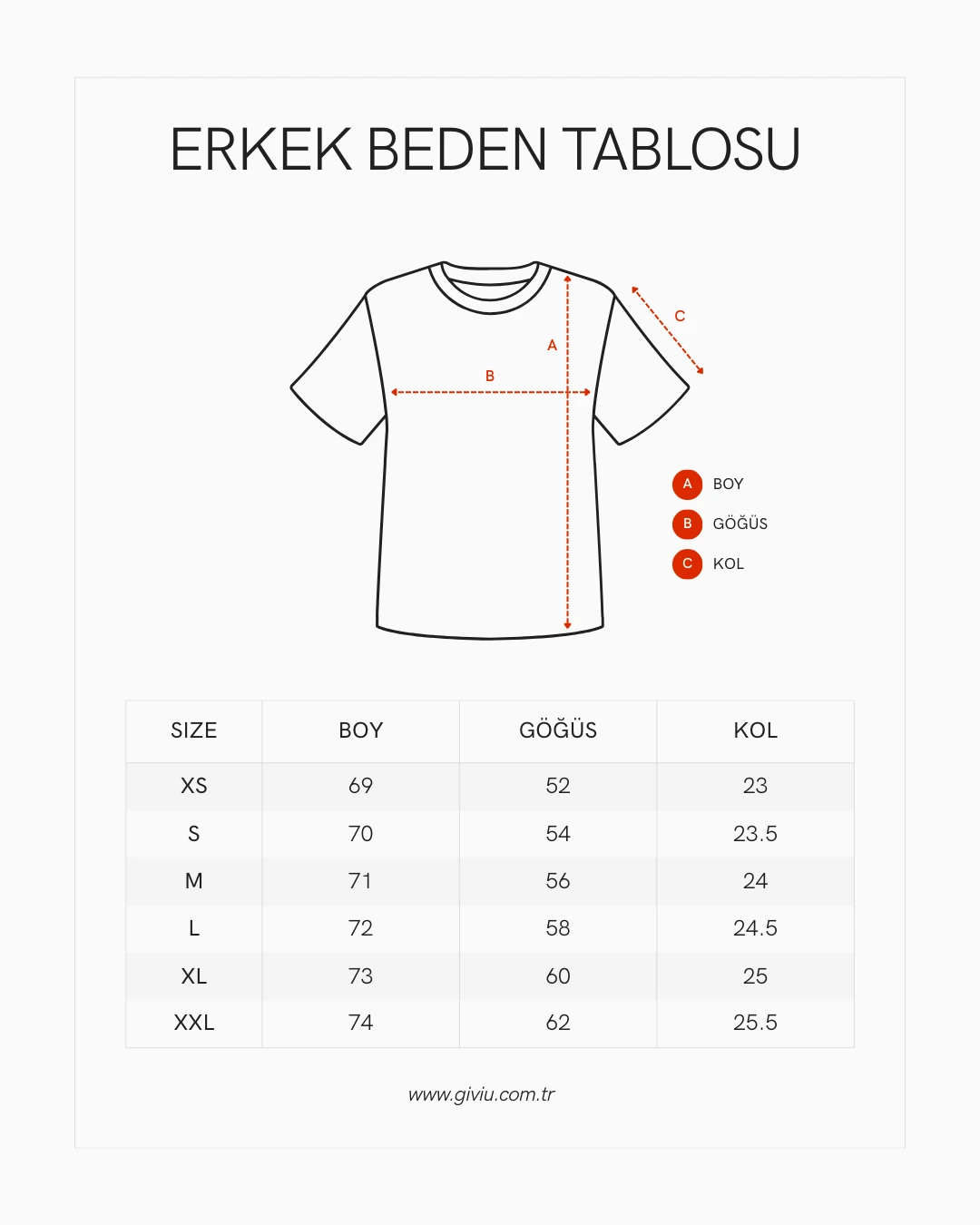 Erkek Tişört Beden Tablosu
